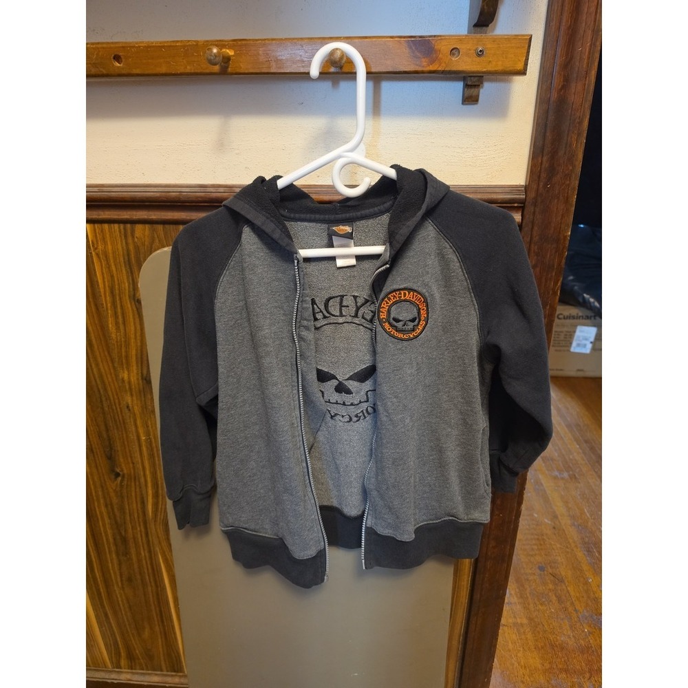 Harley Davidson Boys Hoodie Full Zip Willie G Skull Grey Black Size 8/10 Sweatsh